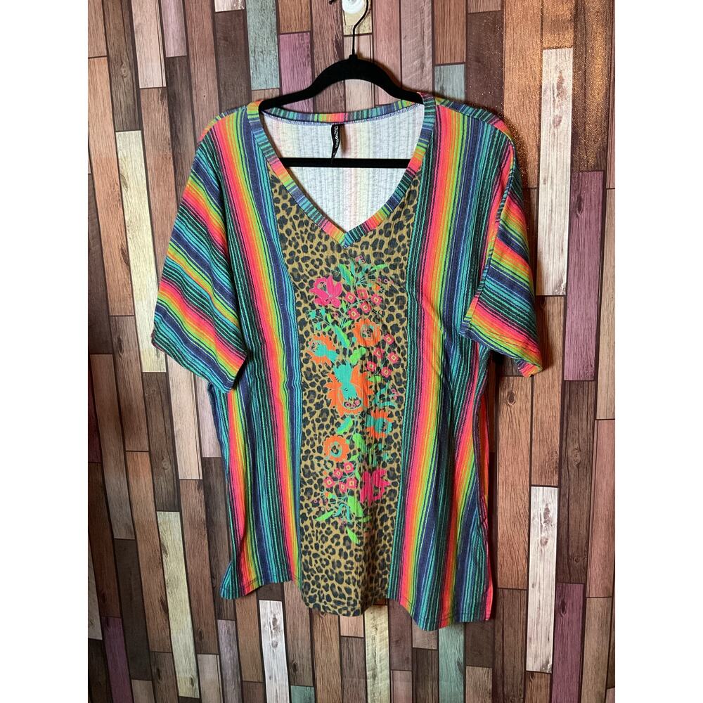 Crazy Train Serape Striped Floral and Leopard Print Short Sleeve Top Size Large